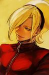  ash_crimson blonde_hair blue_eyes closed_mouth hair_over_one_eye hairband hankuri jacket male_focus simple_background smile snk solo the_king_of_fighters upper_body zipper 