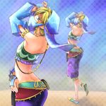  blonde_hair blue_eyes crossdressing dancing gerudo_link link looking_at_viewer looking_back pointy_ears solo the_legend_of_zelda the_legend_of_zelda:_breath_of_the_wild trap 