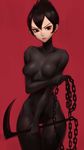  ashi_(samurai_jack) ass_visible_through_thighs black_eyes black_hair bodypaint breasts chain collarbone covered_nipples highres kusarigama looking_at_viewer medium_breasts oopartz_yang painted_clothes red_background samurai_jack sickle simple_background solo thigh_gap weapon 