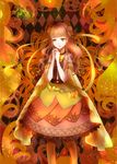  brown_eyes bun_cover choker dress greek_mythology hair_ribbon hands_together helios highres irodorion_sakura long_hair looking_at_viewer orange_(color) orange_dress orange_hair orange_legwear personification ribbon standing striped striped_legwear yellow_ribbon 