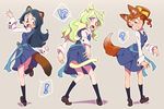  !? 3girls ? animal_ears barbara_parker black_hair blonde_hair bokujoukun brown_hair cat_ears cat_tail diana_cavendish fang fox_ears fox_tail hanna_england kemonomimi_mode little_witch_academia luna_nova_school_uniform multicolored_hair multiple_girls raccoon_ears raccoon_tail tail two-tone_hair 