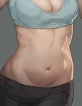  black_pants breasts cleavage crop_top grey_background head_out_of_frame medium_breasts navel original out_of_frame pants shiny shiny_skin simple_background sketch solo stomach yohan1754 