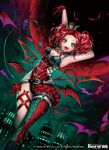  bat bat_wings belt bodysuit boots breasts cleavage copyright_name curly_hair demon_tail fangs force_of_will full_body gloves green_eyes hat heart jewelry matsurika_youko medium_breasts moon necklace night night_sky official_art red_hair sky solo tail thighhighs twintails wings 