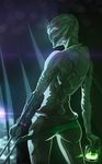  3_fingers alien bayzee butt clothed clothing facial_markings female glowing glowing_eyes green_eyes holding_object looking_at_viewer looking_back markings mass_effect melee_weapon panties partially_clothed seductive solo turian underwear video_games weapon 
