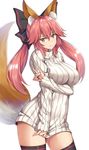  alternate_hairstyle animal_ears black_legwear bottomless breast_hold breasts brown_eyes clothes_tug fate/extra fate_(series) fox_ears fox_shadow_puppet fox_tail kanikou large_breasts light_smile long_hair simple_background solo sweater sweater_tug tail tamamo_(fate)_(all) tamamo_no_mae_(fate) thighhighs twintails white_background 