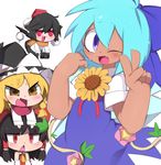  :3 :d :o black_hair blonde_hair blouse blue_dress blue_eyes blue_hair braid camera chibi cirno detached_sleeves dress fang flower g_perarikku hair_ribbon hakurei_reimu hat hidden_star_in_four_seasons jitome kirisame_marisa multiple_girls nontraditional_miko one_eye_closed open_mouth pom_pom_(clothes) red_eyes red_ribbon ribbon scarf shameimaru_aya single_braid smile sunflower surprised tan tanned_cirno thick_eyebrows touhou triangle_mouth tsurime v v-shaped_eyebrows white_blouse wings witch_hat yellow_eyes 