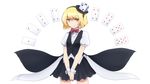  androgynous blonde_hair bow bowtie card dice_hair_ornament hair_ornament highres len'en lenk64 necktie playing_card puffy_short_sleeves puffy_sleeves short_hair short_sleeves skirt smile thighhighs vest white_legwear xeno_a yellow_eyes 