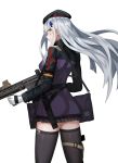  1girl assault_rifle bag bangs beret black_legwear blunt_bangs blush breasts cero_(last2stage) combat_knife cowboy_shot eyebrows_visible_through_hair facial_mark from_side german_flag girls_frontline gloves green_eyes gun hair_ornament hat heckler_&amp;_koch highres hk416 hk416_(girls_frontline) holding holding_gun holding_weapon holster jacket knife knife_holster long_hair looking_at_viewer medium_breasts plaid plaid_skirt rifle silver_hair simple_background skirt smirk solo teardrop thigh_holster thighhighs very_long_hair weapon white_background 