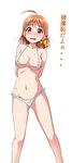  ahoge bow bra breasts cleavage embarrassed eyebrows_visible_through_hair hair_bow hair_ornament hairclip highres looking_at_viewer love_live! love_live!_sunshine!! medium_breasts nipples orange_hair panties red_eyes short_hair solo takami_chika translation_request underwear wet wet_bra wet_clothes wet_panties white_bra white_panties yellow_bow yopparai_oni 