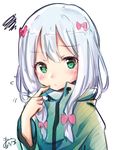  artist_name bangs blush bow cat closed_mouth commentary_request eromanga_sensei eyebrows_visible_through_hair flying_sweatdrops green_eyes hair_bow hand_up index_finger_raised izumi_sagiri looking_at_viewer maruma_(maruma_gic) pink_bow scratching_cheek signature silver_hair simple_background sketch solo squiggle upper_body white_background white_hair 