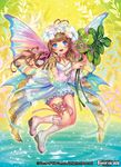  blue_eyes brown_hair clover copyright_name curly_hair fairy_wings flower force_of_will full_body hair_flower hair_ornament jewelry leaf long_hair low_twintails matsurika_youko necklace official_art open_mouth solo sparkle twintails water wings 