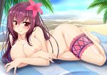  bad_anatomy beach blush breasts day fate/grand_order fate_(series) flower gekato hair_flower hair_ornament hibiscus highres large_breasts long_hair lying nail_polish nipples nude on_side outdoors palm_tree red_eyes scathach_(fate)_(all) scathach_(swimsuit_assassin)_(fate) solo thigh_strap tree water 