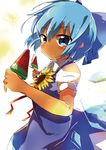  blue_dress blue_eyes blue_hair bow cirno dress flower food fruit hair_bow highres ice ice_wings looking_at_viewer short_hair short_sleeves sketch solo sunflower tosura-ayato touhou watermelon wings 