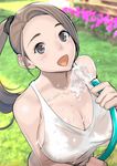  :d absurdres black_eyes breasts brown_hair dytm highres hose large_breasts long_hair open_mouth original photo_background ponytail pool_monitor_part-timer_(dytm) see-through smile solo summer tank_top water wet wet_clothes 