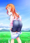  1girl ass bare_shoulders bike_shorts blush embarrassed from_behind glasses hair_ornament long_hair long_sleeves looking_at_viewer nobady open_mouth orange_eyes orange_hair original shiny shiny_clothes shiny_hair skirt skirt_pull solo sweatdrop very_long_hair 