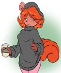  2016 4_fingers anthro beverage black_nose breasts clothed clothing coffee duckdraw female fur hair inner_ear_fluff ivanna legwear multi_tail nintendo open_mouth orange_fur orange_hair pok&eacute;mon red_eyes red_fur solo sweat sweatdrop sweater tights video_games vulpix 