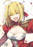  :d ^_^ ^o^ ahoge bangs blonde_hair blush braid breasts cleavage cleavage_cutout closed_eyes collarbone epaulettes fate/extra fate_(series) happy highres medium_breasts nero_claudius_(fate) nero_claudius_(fate)_(all) nikame open_mouth petals signature smile solo upper_body 