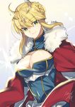  armor armored_dress artoria_pendragon_(all) artoria_pendragon_(lancer) blonde_hair blush braid breasts cape cleavage cleavage_cutout crown dress fate/grand_order fate_(series) fur_trim green_eyes hair_between_eyes highres large_breasts looking_at_viewer nikame parted_lips shiny shiny_hair shiny_skin short_hair sidelocks smile solo upper_body 