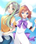  2girls :d back_bow blonde_hair blue_eyes blue_skirt blue_sky bow bowtie brown_hair clothes_around_waist cloud dress eyebrows_visible_through_hair floating_hair green_eyes green_hair hair_between_eyes higurashi_no_naku_koro_ni long_hair looking_at_viewer mikage_(mikettea) multiple_girls open_mouth outdoors ponytail purple_bow purple_neckwear ryuuguu_rena shiny shiny_hair short_hair short_sleeves skirt sky smile sonozaki_mion standing sweater_around_waist very_long_hair white_dress wristband 