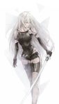  android breasts closed_eyes elbow_gloves gloves highres holding holding_sword holding_weapon kachi katana long_hair medium_breasts nier_(series) nier_automata pale_skin shorts simple_background solo standing sword torn_clothes weapon white_hair yorha_type_a_no._2 