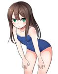  blush breasts brown_hair competition_school_swimsuit green_eyes highres idolmaster idolmaster_cinderella_girls leaning_forward long_hair looking_at_viewer one-piece_swimsuit rangen shibuya_rin small_breasts solo swimsuit white_background 