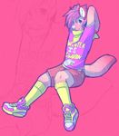  2013 anthro aycee brown_fur clothed clothing fur hair hyena legwear male mammal pink_hair pink_shirt purple_eyes shorts socks solo tan_fur 