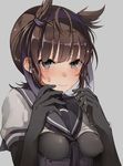  between_breasts black_eyes bodysuit bodysuit_under_clothes breasts brown_hair crying crying_with_eyes_open grey_background hair_ribbon hairband hatsuzuki_(kantai_collection) kantai_collection looking_at_viewer oniku_(oishii_oniku) ribbon sailor_collar simple_background skin_tight small_breasts solo tears upper_body 