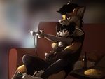  alcohol anthro barefoot beer beverage black_hair breasts brown_eyes canine clothed clothing controller digitigrade duo female food fox fur game_controller hair magenta7 male mammal open_mouth orange_fur pink_eyes pizza sitting smile sofa teeth wolf 