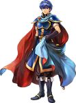  absurdres armor belt blue_hair boots cape fingerless_gloves fire_emblem fire_emblem:_monshou_no_nazo fire_emblem_heroes full_body gloves highres holding knee_boots looking_at_viewer male_focus marth official_art pants sleeves_rolled_up smile solo standing sword tiara transparent_background wada_sachiko weapon 