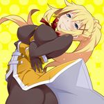  ass blonde_hair blue_eyes blush bodysuit breasts commentary_request darkness_(konosuba) hair_ornament kono_subarashii_sekai_ni_shukufuku_wo! large_breasts long_hair maruto! ponytail ribbon simple_background skin_tight solo tears wavy_mouth x_hair_ornament 