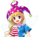  american_flag_dress bangs blonde_hair breasts clownpiece commentary_request ebizome fairy_wings hat highres jester_cap long_hair looking_at_viewer medium_breasts neck_ribbon polka_dot purple_eyes ribbon short_sleeves simple_background smile solo star star_print striped touhou upper_body white_background wings 