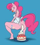  2017 anthro anus blue_background butt cake cutie_mark earth_pony equine fantasyblade female food friendship_is_magic hair horse looking_at_viewer looking_back mammal my_little_pony pink_hair pinkie_pie_(mlp) pony pussy simple_background solo tongue tongue_out what 