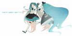  2girls absurdly_long_hair absurdres beamed_eighth_notes boots detached_sleeves dress dual_persona eighth_note frilled_skirt frills gloves green_eyes green_hair hair_ornament hair_ribbon hatsune_miku headphones highres long_hair looking_at_viewer magical_mirai_(vocaloid) microphone multiple_girls musical_note open_mouth ribbon skirt smile tanaka_miz thigh_boots thighhighs twintails very_long_hair vocaloid waistcoat white_background wire 