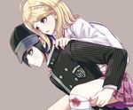  1girl absurdres akamatsu_kaede bandages baseball_cap beamed_eighth_notes beamed_sixteenth_notes black_hair blonde_hair blood bloody_bandages brown_background carrying danganronpa eighth_note gakuran green_eyes hat hetero highres injury long_hair musical_note musical_note_hair_ornament musical_note_print new_danganronpa_v3 piggyback pink_skirt pinstripe_pattern purple_eyes quarter_note saihara_shuuichi school_uniform simple_background skirt striped utou_(utousan) 