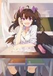  ahoge black_bra black_legwear black_wings bra breasts brown_hair chalkboard classroom cleavage collared_shirt commentary_request curtains feathered_wings hair_ribbon himekaidou_hatate indoors inubashiri_momiji kasuka_(kusuki) long_hair looking_at_viewer medium_breasts open_mouth pencil pencil_case pointy_ears purple_eyes ribbon shirt sitting solo touhou underwear white_shirt window wing_collar wings 