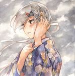  1girl blush brown_eyes chitose_(kantai_collection) cloud cloudy_sky colored_pencil_(medium) hair_ribbon hand_on_own_chest hand_to_head headband japanese_clothes kantai_collection kimono long_hair looking_to_the_side ponytail ribbon silver_hair sky solo traditional_media upper_body watercolor_(medium) white_ribbon 