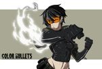  abs black_hair clenched_hands color_bullets danielle_redford_(kamezaemon) elbow_gloves fighting_stance gloves goggles grey_eyes highres jacket kamezaemon navel one_eye_closed open_clothes open_jacket original short_hair simple_background skin_tight solo toned 