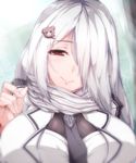  bear_hair_ornament breasts commentary_request girls_frontline hair_ornament hair_over_one_eye highres large_breasts long_hair looking_at_viewer necktie pk_(girls_frontline) red_eyes scarf silver_hair smile solo very_long_hair zuo_wei_er 