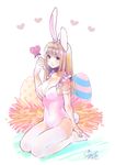  absurdres animal_ears blonde_hair blue_eyes blue_nails breasts bunny_ears bunny_tail bunnysuit candy cleavage covered_navel easter_egg egg food geshumaro highres large_breasts lollipop long_hair looking_at_viewer nail_polish original seiza sitting smile solo tail thighhighs white_legwear 