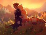  akitamonster clothed clothing day detailed_background duo grass hooves lying male outside sky taur 