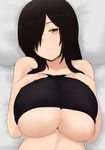  bags_under_eyes bare_arms bare_shoulders black_hair blush breasts brown_eyes camisole closed_mouth commentary_request frown hair_over_one_eye huge_breasts long_hair lying midriff nao_(ritsancrossover) on_back original pai-chan_(nao) solo underboob upper_body 