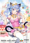  alcohol animal_ears apron arms_up bangs bare_shoulders bell bell_collar blue_eyes blue_hair blue_sky blush bow braid breasts brooch cake cake_stand cat_ears cat_girl cat_tail champagne champagne_flute character_request checkerboard_cookie cleavage closed_mouth cloud cloudy_sky collar commentary company_name cookie copyright_name covered_navel cup cupcake day detached_sleeves dress drinking_glass flower food food_on_face frilled_apron frilled_dress frilled_sleeves frills fruit gearous glint holding holding_food jewelry jingle_bell lace leg_up light_bulb long_hair looking_at_viewer macaron maid_headdress medium_breasts official_art orange orange_slice paw_print pink_dress pink_flower pink_rose purple_flower qurare_magic_library raised_eyebrows rose round_table see-through shiny shiny_hair shiny_skin shoes short_dress single_braid skin_tight sky slice_of_cake smile solo sprinkles standing standing_on_one_leg star strawberry strawberry_shortcake striped striped_legwear swept_bangs swiss_roll table tablecloth tail text_focus thighhighs tiered_tray tongue tongue_out waist_apron white_apron white_collar white_footwear white_legwear window yellow_bow 