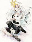  android anger_vein bare_shoulders beamed_eighth_notes breasts elbow_gloves en4xx gloves highres long_hair looking_back medium_breasts mole mole_under_mouth musical_note nier_(series) nier_automata open_mouth pale_skin pod_(nier_automata) shorts simple_background sitting torn_clothes traditional_media watercolor_(medium) white_hair yorha_type_a_no._2 