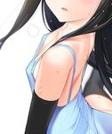  arm_warmers asashio_(kantai_collection) black_hair blue_leotard blurry blush breasts depth_of_field kantai_collection kanzaki_muyu leotard long_hair open_mouth small_breasts solo sweat 