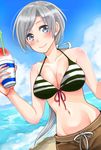  beach bikini_top blue_sky breasts chitose_(kantai_collection) cleavage cloud commentary_request cup day grey_eyes hair_ribbon halterneck haru_no_yuki hips holding holding_cup kantai_collection large_breasts looking_at_viewer male_swimwear navel ocean outdoors ponytail ribbon shaved_ice shorts silver_hair sky smile solo striped_bikini_top swim_trunks swimsuit swimwear waves white_ribbon 