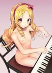  akechi_shizuku blonde_hair blush_stickers breasts brown_eyes chair collarbone commentary_request drill_hair elf eromanga_sensei from_above gradient gradient_background hairband highres instrument long_hair looking_at_viewer looking_up music nipples nude piano playing_instrument playing_piano pointy_ears sitting small_breasts smile solo yamada_elf 