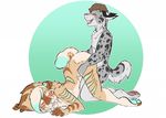  2017 ambiguous_gender anthro ass_up blush eyes_closed feline from_behind_(disambiguation) happy hybrid kneeling lying lynx male mammal nude on_front penetration raised_tail rhari sabertooth_(disambiguation) sex simple_background tiger 