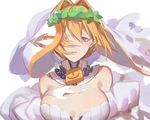  bare_shoulders chain detached_collar eyelashes fate/extra fate/extra_ccc fate_(series) green_eyes hair_intakes hair_over_one_eye lock looking_at_viewer nero_claudius_(bride)_(fate) nero_claudius_(fate)_(all) padlock parted_lips red_cucumber simple_background solo torn_clothes veil white_background white_sleeves wreath 