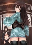  akemiho_tabi_nikki aqua_eyes black_eyes black_hair bow breasts cleavage elbow_gloves glasses gloves hip_vent indoors japanese_clothes kashima_shizuru_(akemiho_tabi_nikki) kimono knife kouno_hikaru large_breasts long_hair looking_at_viewer looking_back midriff momochi_yurika multiple_girls navel obi sash short_kimono short_yukata standing thighhighs whip yukata 