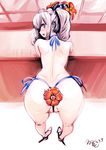  1girl 2016 anus anus_cutout ass ass_cutout bent_over blush dated flower from_above from_behind hair_flower highres kantai_collection kashima_(kantai_collection) kneepits legs long_hair looking_at_viewer looking_back open_mouth partially_visible_vulva revealing_clothes shoes side-tie_panties sidelocks silver_hair smile solo souryu thong twintails 